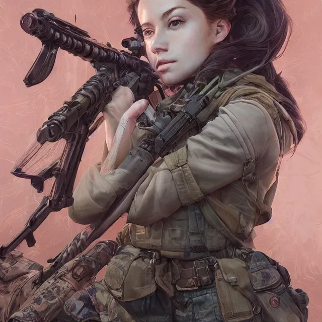 Image similar to the portrait of lawful neutral semi - colorful female infantry sniper as absurdly beautiful, gorgeous, elegant, young woman looking up, an ultrafine hyperdetailed illustration by kim jung gi, irakli nadar, intricate linework, bright colors, octopath traveler, final fantasy, unreal engine 5 highly rendered, global illumination, radiant light, detailed and intricate environment