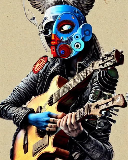 Image similar to a portrait of an anthropomorphic cyberpunk eagle strumming an acoustic guitar by sandra chevrier, by jon foster, detailed render, tape deck, epic composition, cybernetics, 4 k realistic, cryengine, realistic shaded lighting, sharp focus, masterpiece, by enki bilal