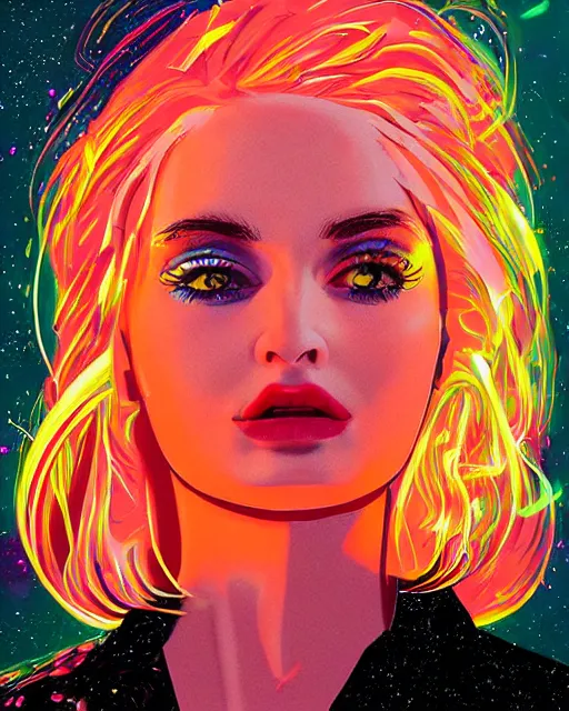 Image similar to a highly detailed and accurate pulp portrait of kim petras in space, 1 9 7 0 s, space station, neon light, delicate embellishments, woman art, painterly, offset printing technique