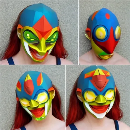 Image similar to majoras mask as a realistic wearable mask. polygonal. very colorful.