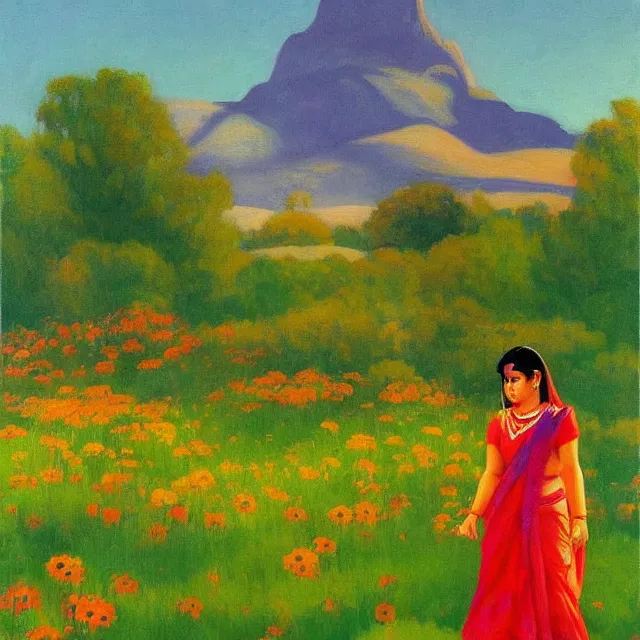 Prompt: hindu goddess kaali in distance looking at you in beautiful meadow of flower, detailed painting by edward hopper