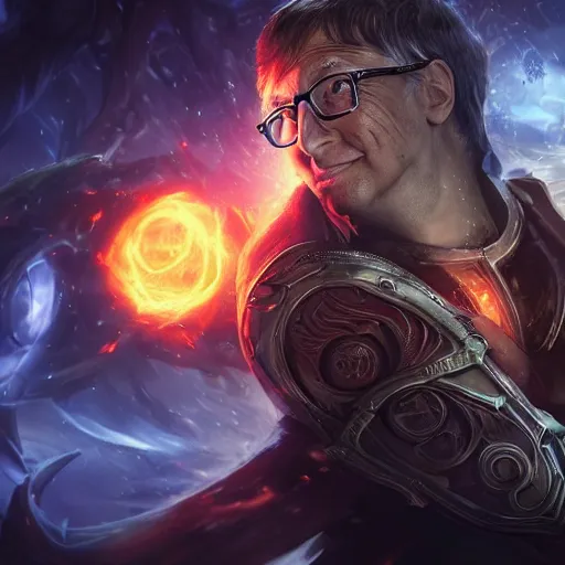 Image similar to portrait of bill gates as a spellcaster, league of legends amazing splashscreen artwork, gears of war, splash art, natural light, elegant, photorealistic facial features, intricate, fantasy, detailed face, atmospheric lighting, anamorphic lens flare, cinematic lighting, league of legends splash art, hd wallpaper, ultra high details by greg rutkowski