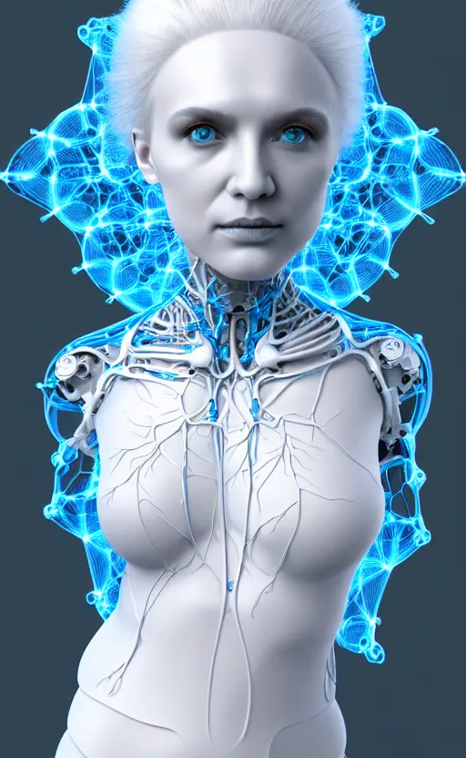 Prompt: analogous achromatic monochromatic colors 3D render of a beautiful woman cyborg, white hair, blue eyes, 150 mm, flowers, Mandelbrot fractal, anatomical, white armour, mesh structure, wired, microscopic, hyperrealistic, ultra detailed, neural network with neurosynapsis glowing, elegant, highly detailed, flesh ornate, high fashion, rim light, octane render in the style of H.R. Giger and Man Ray
