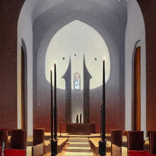 Image similar to large goat horns inside a church, snow falling, large glowing cross, painted by Quint Buchholz and Carl Gustav Carus