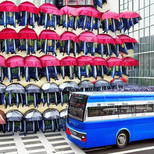 Prompt: a bus made of umbrellas in lidl