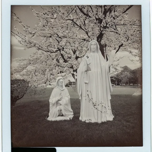 Image similar to vintage polaroid of white mother mary statue, pictured close and slightly from below, sky with clouds and a cherry tree in background