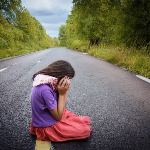 Image similar to a girl sat crying on a road