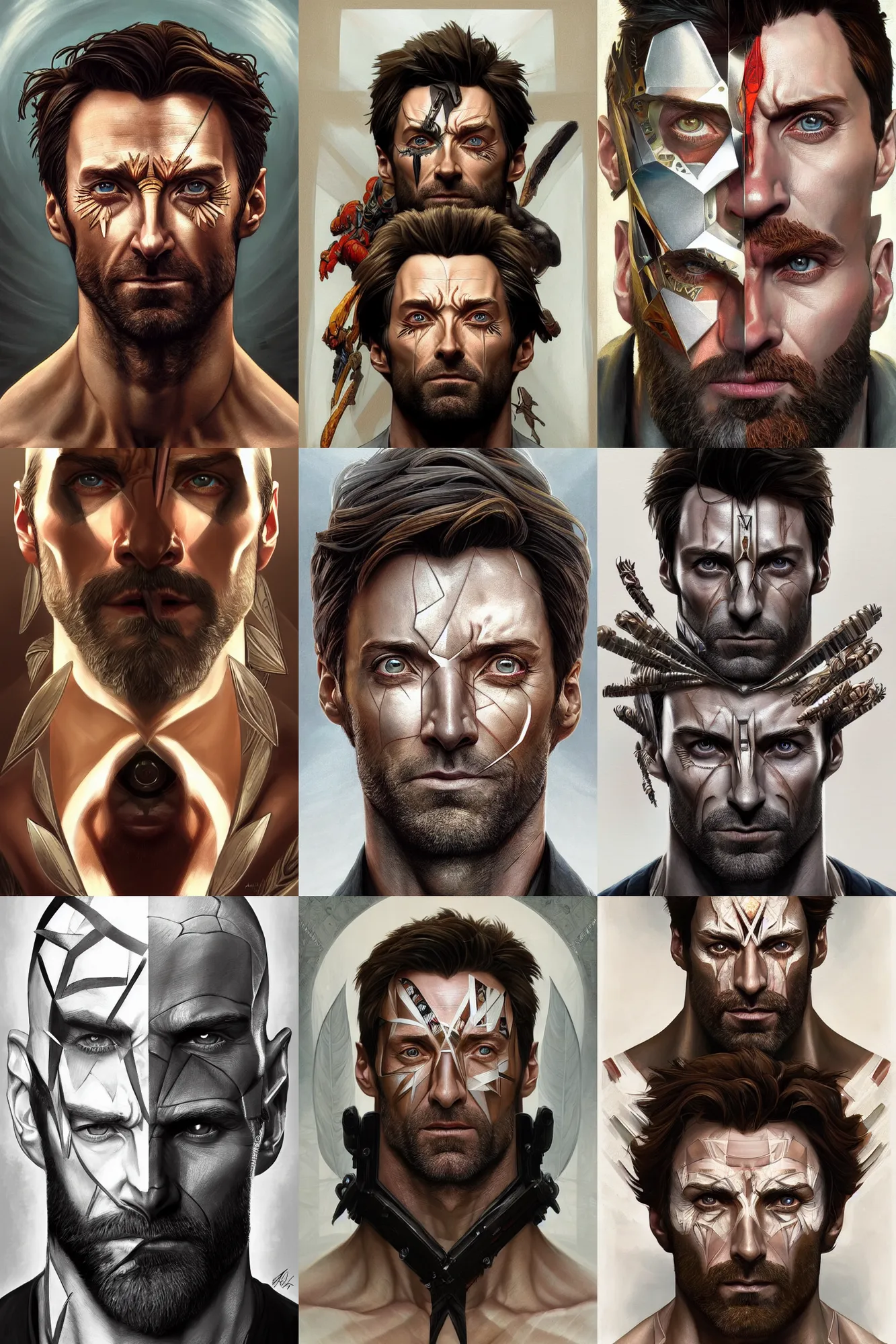 Image similar to symmetry!! portrait of hugh jackman in the boys in the style of god of war, machine parts embedded into face, intricate, elegant, highly detailed, digital painting, artstation, concept art, smooth, sharp focus, illustration, art by artgerm and greg rutkowski and alphonse mucha, 8 k