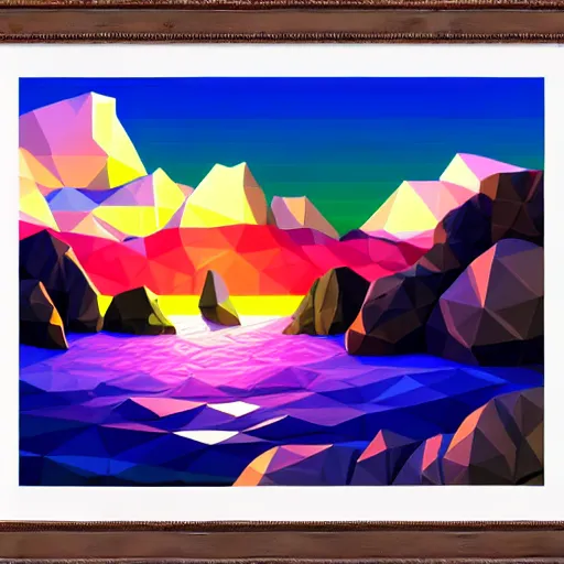 Prompt: super detailed color lowpoly art, northern sunset with rocks on front, monochrome photorealistic bay in the middle of perspective and mountains at background, big graphic vessel in the middle of composition, unreal engine, high contrast color palette, 3 d render, lowpoly, colorful, digital art, perspective, full volume composition, robb cobb, robert mccall, syd mead