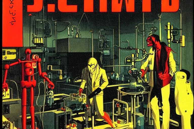 Image similar to 1979 OMNI Magazine Cover depicting Dr Jeckyll and an evil robotic Mr Hyde standing in a laboratory. Cyberpunk Akira style by Vincent Di Fate