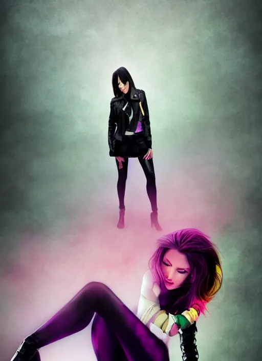 Image similar to a photo of 8 k ultra realistic a black haired female in high heels and a black leather jacket, pink, purple, green, yelow, red, blue, white neon, art by lise deharme