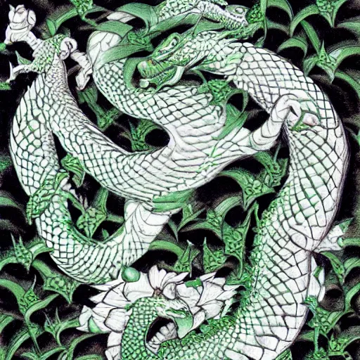 Image similar to green dragon surrounded by rosebuds, by mc escher, trending on artstation, intricate, elegant