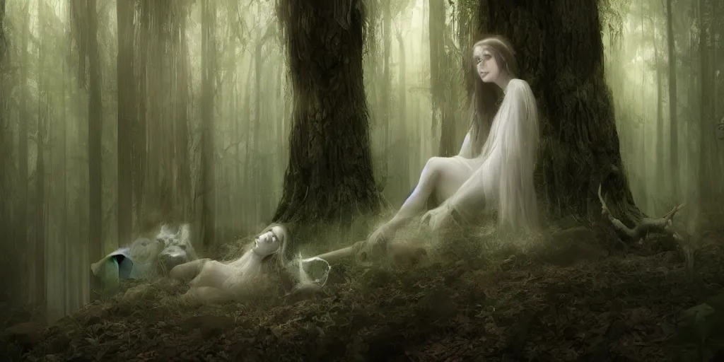 Prompt: a portrait of the ghost lady of the forest with wood spirit in the trees with will o the wisp, photorealistic, by wlop, 4 k resolution h 7 6 8