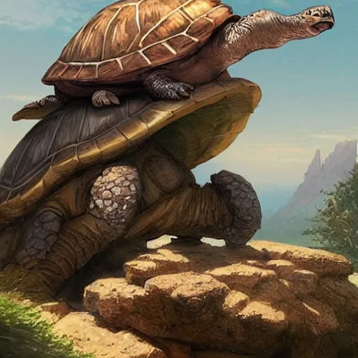 Image similar to The tallest mountain was topped by a cat riding a gigantic turtle, and there was another cat riding a large turtle atop the mountain. By Greg Rutkowski