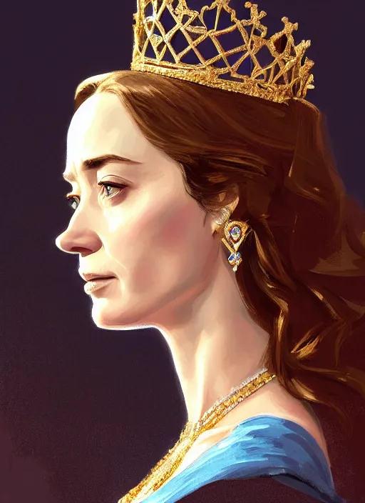 Image similar to portrait of emily blunt as queen, jewelry, greek, sapphire, victorian age, 1 8 9 0, intricate, headshot, key visual, conceptart, ambient lighting, highly detailed, digital painting, artstation, concept art, sharp focus, by makoto shinkai and akihiko yoshida and greg manchess