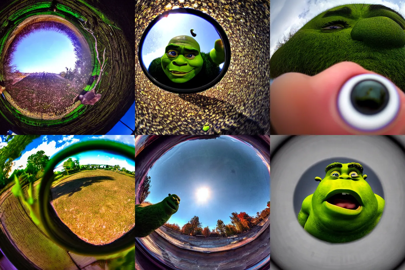 Prompt: angry Shrek, worms eye view, fisheye lens