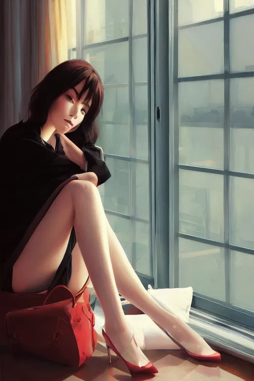 Image similar to A ultradetailed beautiful panting of a stylish woman sitting next to a window, she is wearing streetwear, Oil painting, by Ilya Kuvshinov, Greg Rutkowski and Makoto Shinkai