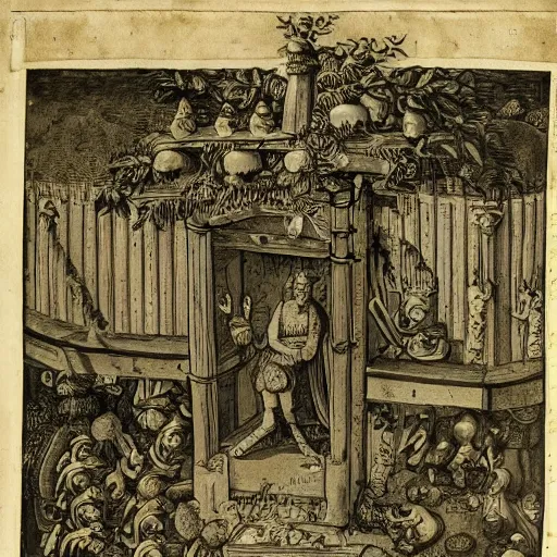 Image similar to a overhead view of a man in castle in the jungle getting praised and fanned by angels with fruits, detailed, golden furniture, nuremberg chronicle, adventure time,