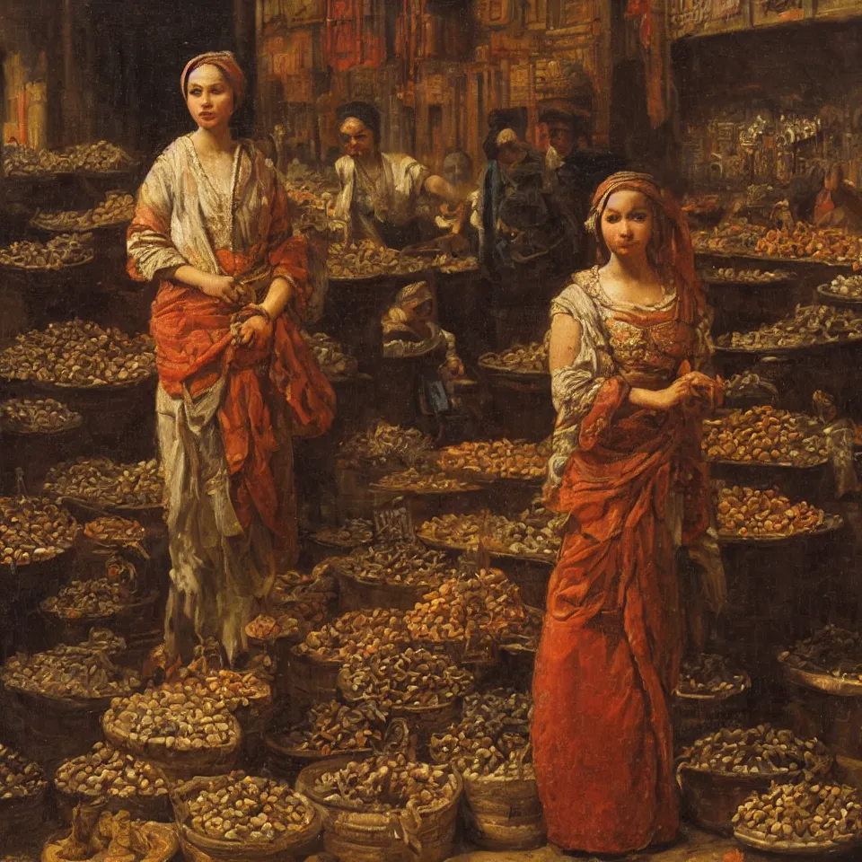 Image similar to young woman standing in a spice market at night by johann mongels culverhouse, oil on canvas, masterful intricate artwork, high detail 8 k