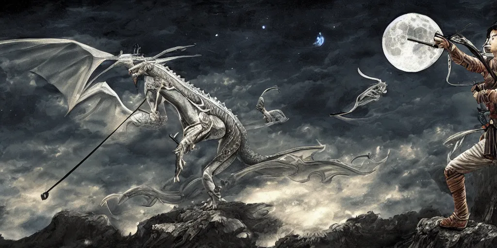 Image similar to korean archer shooting a dragon. the moon is in the sky. there is a river. dark fantasy. high resolution. detailed. digital art. dark fantasy. kentaro miura.