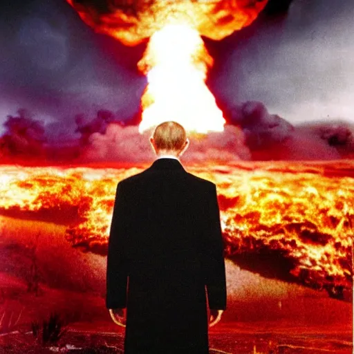 Image similar to a huge nuclear mushroom cloud explodes behind a grief stricken vladimir putin, photorealistic, apocalyptic - h 6 4 0