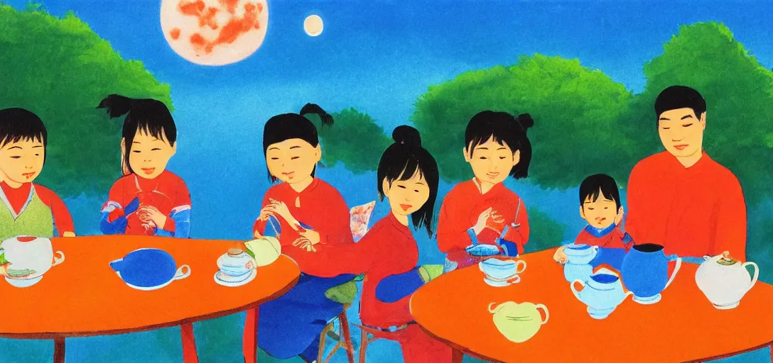 Prompt: a young asian family sitting at outdoor table, tea and food on the table, animal figurine placing around family, clear sky at night with a few clouds, full moon brightening by eric carle