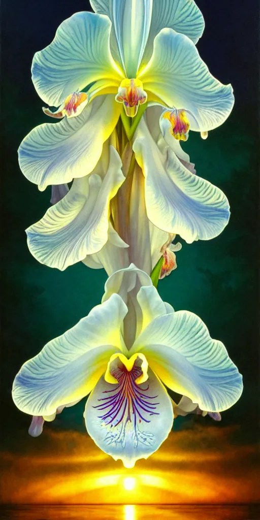 Image similar to detailed giant white holographic orchid iris hybrid flower, lsd water, lsd ripples, droplets, backlit, sunset, refracted lighting, art by collier, albert aublet, krenz cushart, artem demura, alphonse mucha