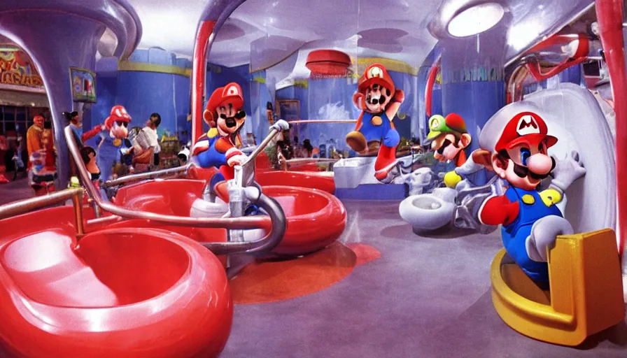 Prompt: 1990s photo of inside the Mario Plumbing experience ride at Universal Studios in Orlando, Florida, children riding through a giant Toilet while Mario fixed it with a plunger, cinematic, UHD