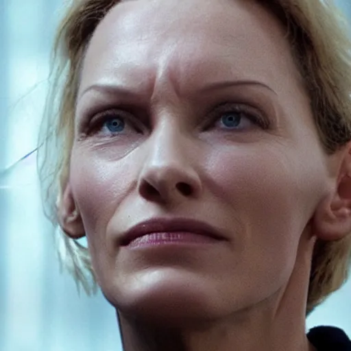 Prompt: cate blanchet as the terminator, half torn face