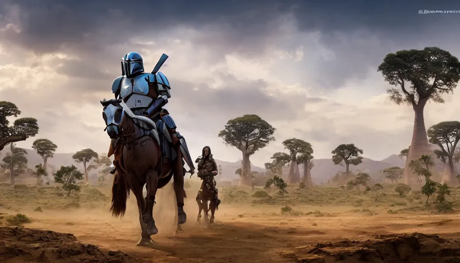 Prompt: mandalorian riding a horse, madagascar with baobabs trees in the background, action scene, an epic fantasy, artgerm and greg rutkowski and alphonse mucha, an epic fantasy, volumetric light, detailed, establishing shot, an epic fantasy, cinematic, photorealistic, ultrarealistic, trending on art station, octane render, midsommar