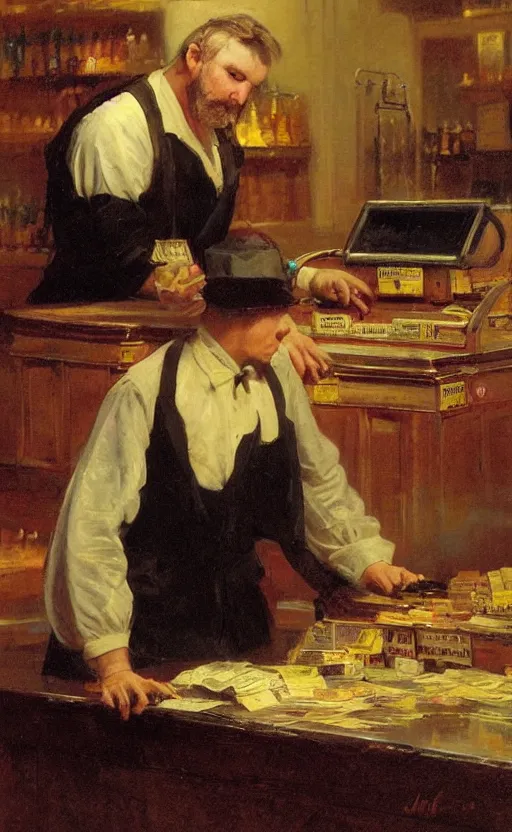 Prompt: the grime reaper working the cash register at the local walmart by john blanche and delphin enjolras and daniel f. gerhartz