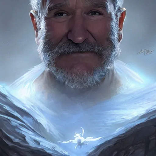 Image similar to robin williams as a sorcerer, in the style of magic the gathering, glacier landscape, d & d, fantasy, intricate, elegant, highly detailed, digital painting, artstation, concept art, matte, sharp focus, illustration, art by artgerm and greg rutkowski and alphonse mucha