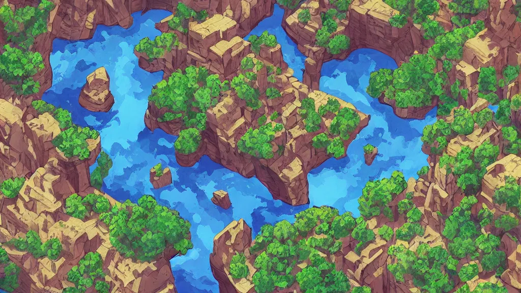 Image similar to ! dream aerial isometric view of a great canyon filled with resources, art from a resource gathering game