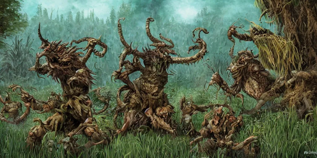 Image similar to wild-rice monsters prowling in the wilderness, style of Magic the Gathering, fantasy art