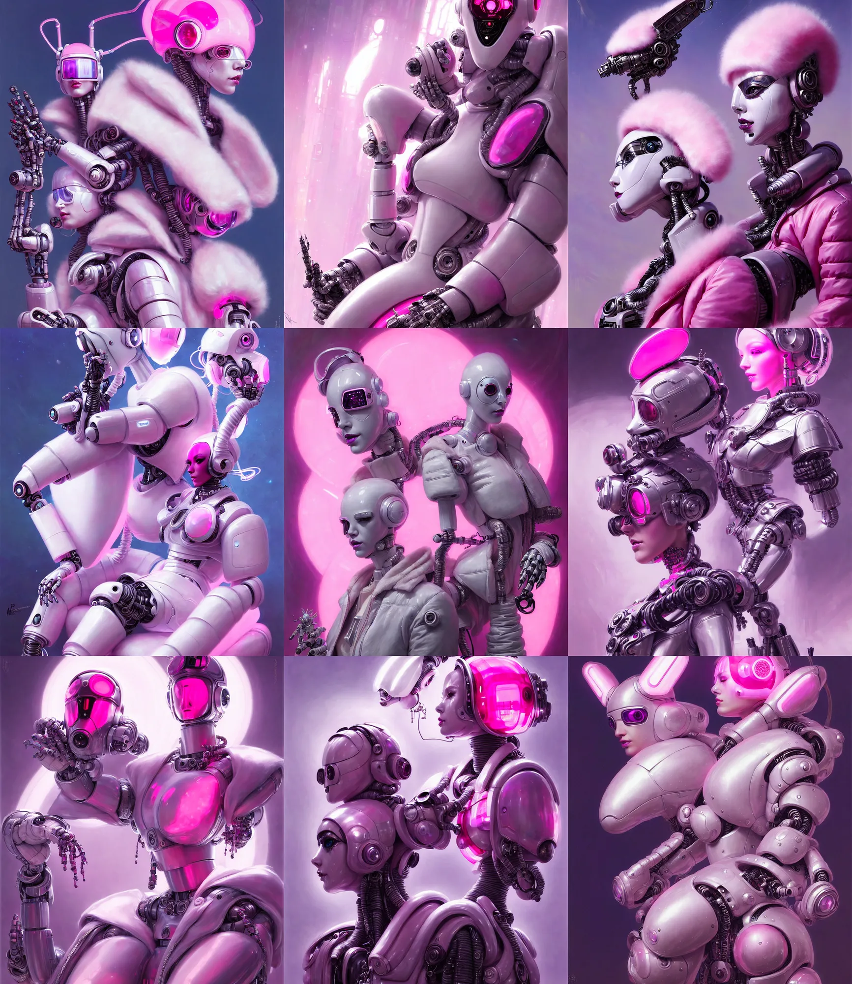 Prompt: beautiful fantasy character portrait cyberpunk robot, wearing pink puffy bomber jacket with white fur, seductive reclining pose, futuristic chrome drones, ultra realistic, dramatic lighting, robots, the fifth element artifacts, highly detailed by peter mohrbacher, hajime sorayama, wayne barlowe, boris vallejo, aaron horkey, gaston bussiere, craig mullins