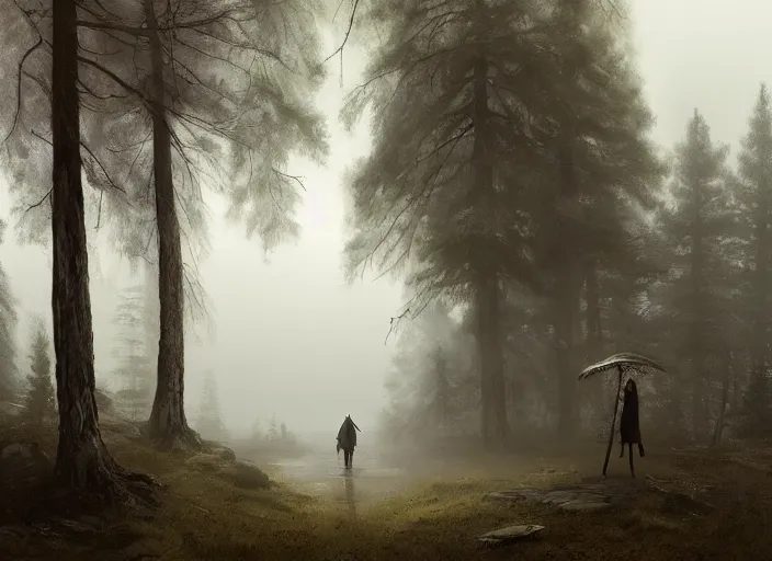 Image similar to A hooded figure aproaching an old temple in a forest, foggy, Ivan Shishkin and Greg Rutkowski