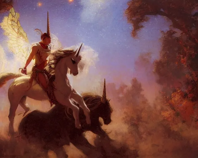 Image similar to rider on a unicorn through the dark, painting by gaston bussiere, craig mullins, j. c. leyendecker