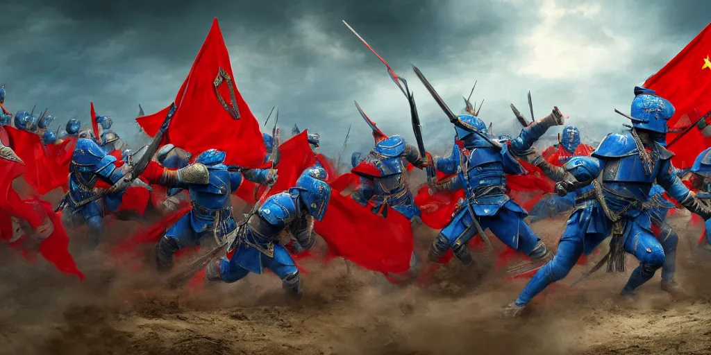 Image similar to mid action shot cinematic artwork of an army of warriors in blue armor fighting an ancient Chinese army wearing red armor and holding red flags on the battlefield by greg rutowski, masterpiece, 4k