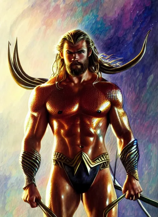 Prompt: chris hemsworth as aquaman, muscular, fantasy, intricate, elegant, highly detailed, digital painting, artstation, concept art, smooth, sharp focus, illustration, art by artgerm and greg rutkowski and alphonse mucha