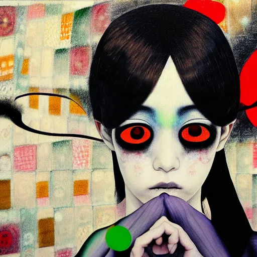 Prompt: yoshitaka amano blurred and dreamy realistic three quarter angle painting of a young woman with black lipstick and black eyes wearing dress suit with tie, junji ito abstract patterns in the background, satoshi kon anime, noisy film grain effect, highly detailed, renaissance oil painting, weird portrait angle, blurred lost edges
