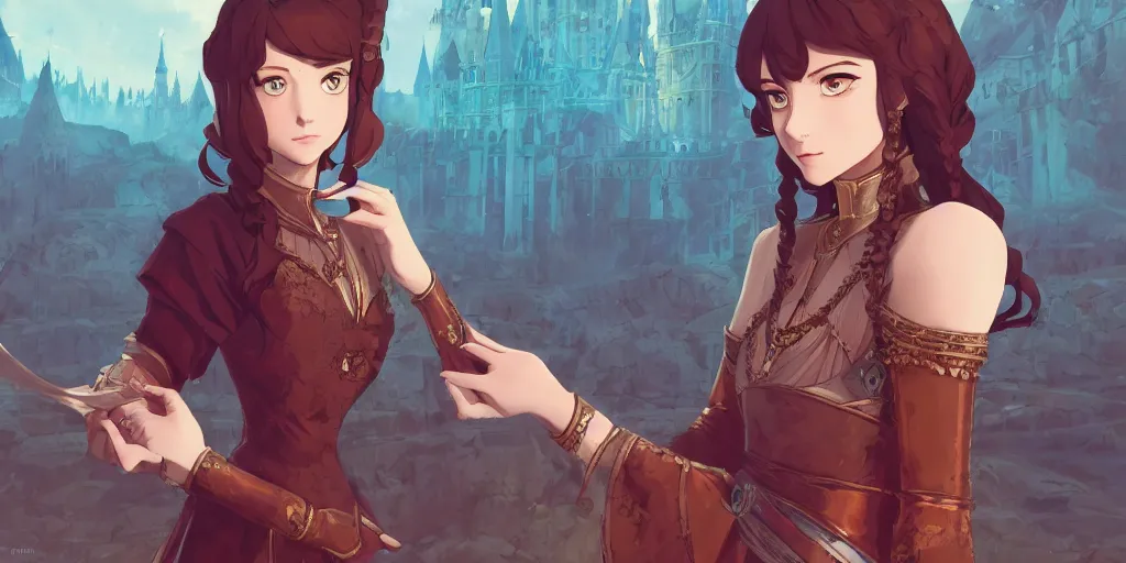 Prompt: portrait of elegant brunette as a medieval royalty, medieval castle background, shallow focus, rich vivid colors, ambient lighting, dynamic lighting, 4k, official media, anime key visual, makoto shinkai, ilya kuvshinov, lois van baarle, rossdraws, detailed, trending on artstation