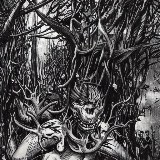 Prompt: sci - fi, hunters of monsters walking in a meat and bone forest, art by oscar chiconi