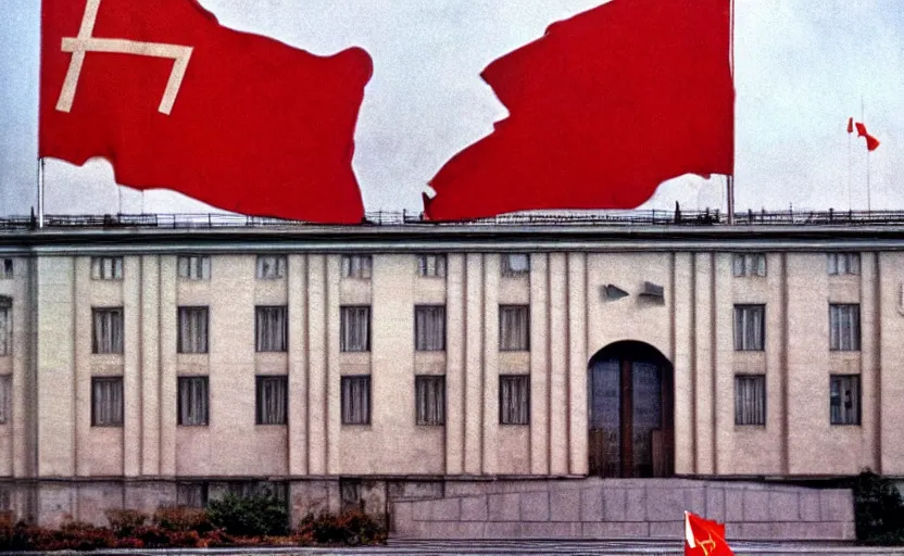 Image similar to 60s movie still of a stalinist style sovietic parlement with a giant USSR flag, by Irving Penn , cinestill 800t 35mm eastmancolor, heavy grainy picture, very detailed, high quality, 4k, HD criterion, precise texture, panoramic, cinematic