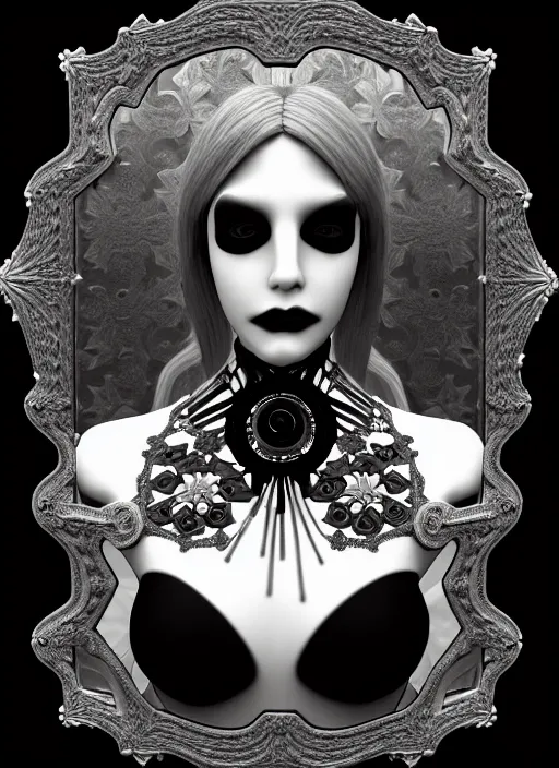 Image similar to black and white gothic masterpiece profile portrait, one steampunk eye silver hexagonal meshes floral biomechanical beautiful young female cyborg - vampire, big monocular, volumetric light, hibiscus flowers, by hg giger, rim light, big gothic fashion pearl embroidered collar, 8 k