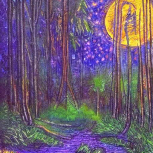 Prompt: illustration of otherworldly lunacy, running wild in the impressionist forests on nocturnal bliss