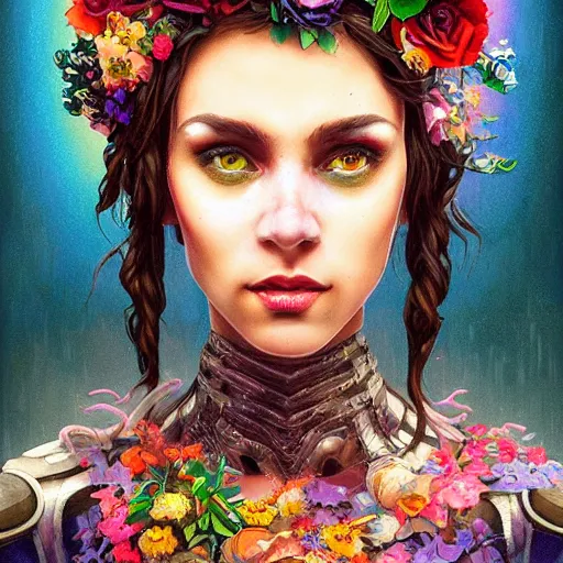 Image similar to Lofi cyberpunk portrait beautiful woman with short brown curly hair, roman face, rainbow, floral, Pixar style, Tristan Eaton, Stanley Artgerm, Tom Bagshaw