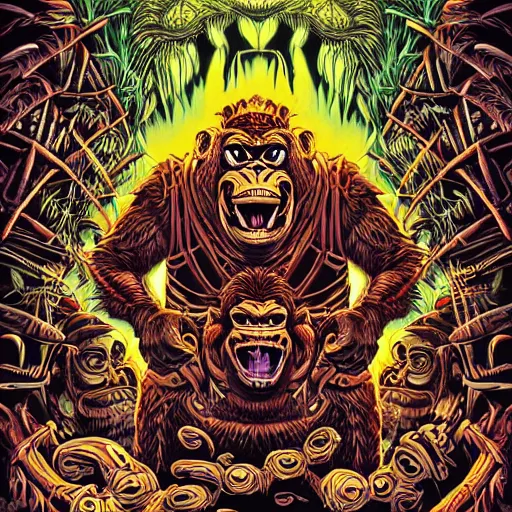 Image similar to barong family, wiwek, mara demon, one single tribe member, jungle, one single mask, dark, ancient warrior, stupid silly dumb gorilla moron, fat lizard, tribal, inner glow, art by dan mumford and justin gerard