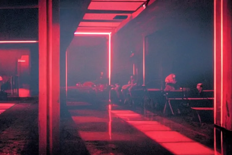 Prompt: a dark conference hall, half - occupied with people, atmospheric and obscure, red neon light, by roger deakins, cinematography, syd mead