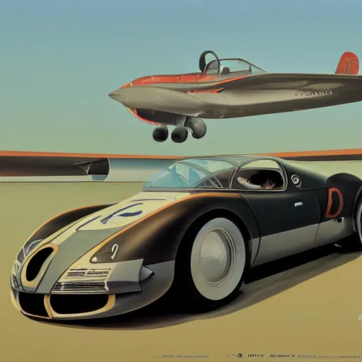 Image similar to bugatti type c, rdodge m 4 s, 1 9 6 0's le mans, ralph maquarrie and syd mead cinematic matte painting, 4 k