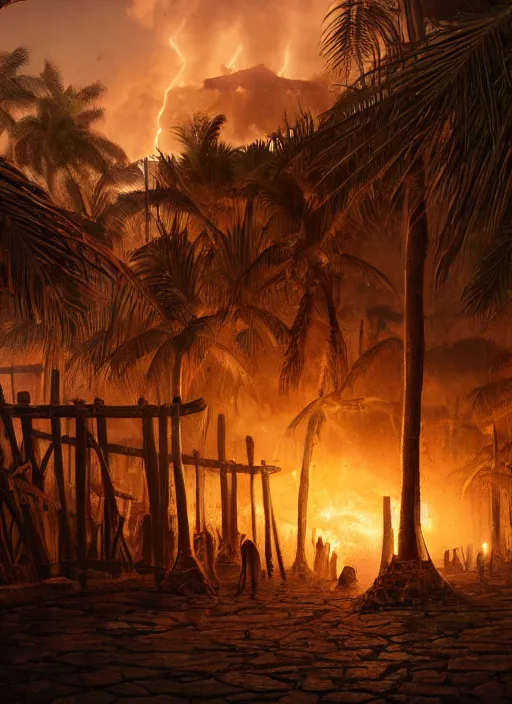 Image similar to wooden palisade wall lit by torches on a tropical island, intricate Details, raphael lacoste, eddie mendoza, alex ross, concept art, matte painting, highly detailed, rule of thirds, dynamic lighting, cinematic, detailed, denoised, centerd, clean render